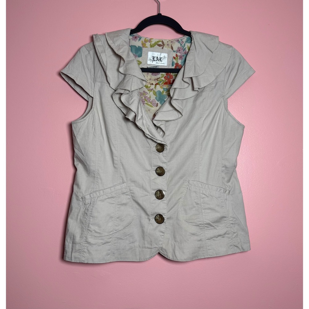 Y2K Live a Little Ruffle Vest Women Small Beige Button Front Floral Lining